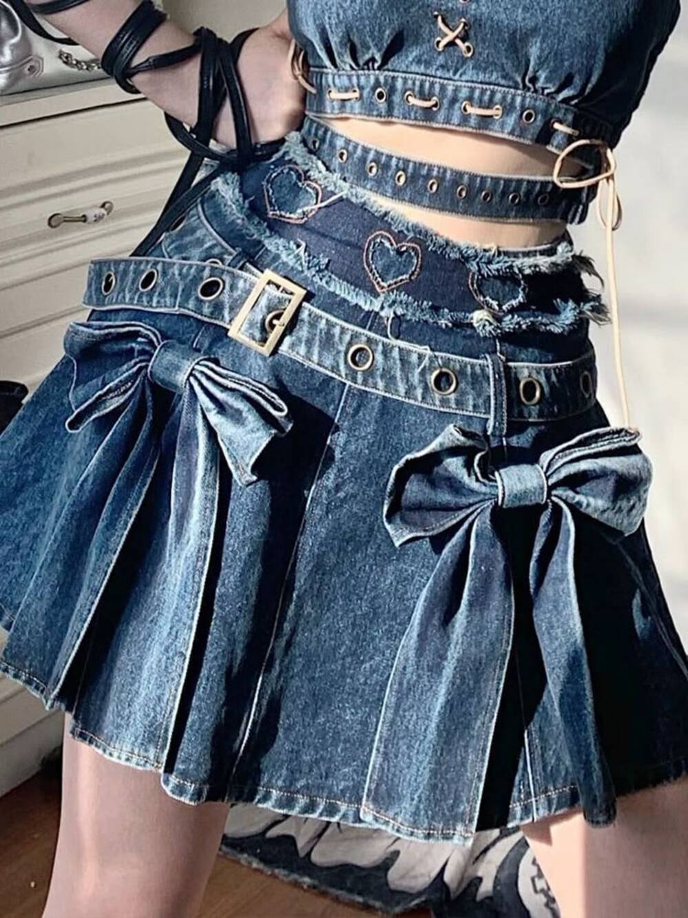 Y2K Denim Mini Skirt Belted Bows Fringe Small Grommets